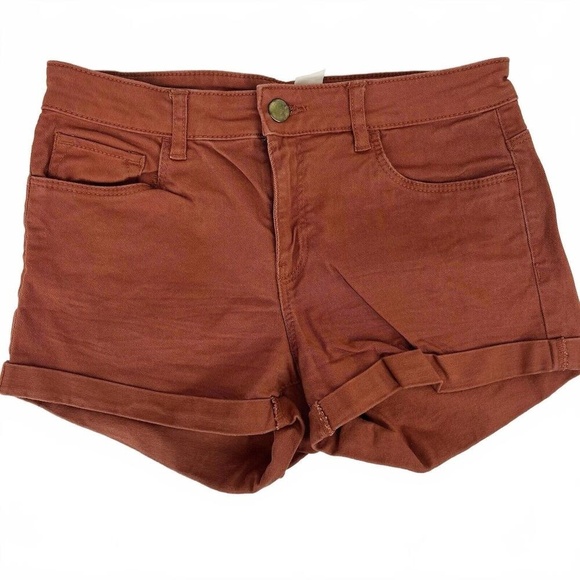 H&M Rust Orange High Waisted Stretch Cuffed 5 Pocket Button Waist Shorts Womens - Picture 1 of 7